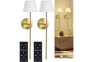 OUTON Battery Operated Wall Lights Set of 2 – Wireless Wall Sconces with Remote & Touch Control, RGB & 3 Color Temperatures, Dimmable LED, Timer, Memory, Cordless for Bedroom, Living Room – Gold
