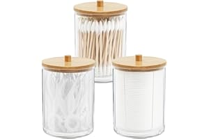 Gukasxi Lot de 3 supports Qtip en acrylique avec couvercles en bambou pour salle de bain, bocaux, cotons-tiges, coussinets pour rangement de salle de bain (transparent A)