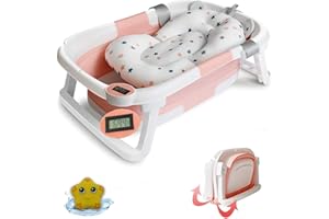 EZYWAY Foldable Baby Bath Tub with Thermometer for Real Time Temperature Free Bath Toy, Temperature Sensing Drain Plug, Anti-Slip Legs Collapsible Tub with Cushion Pad (Pink)
