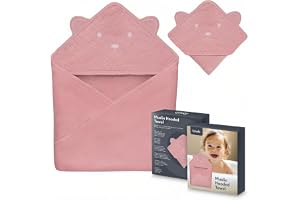 Lionelo Muslin Hooded Towel Huvhandduk Baby 80x80 cm, 100% Bomullsmuslin | Mjuk & Lätt, Absorberande, Andas, Skonsam för Nyfödda, Badhandduk med Huva med Broderat Djur, Tvättbar 30°C