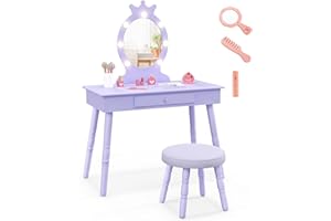 RELAX4LIFE Toeletta Trucco per Bambina con 7 Lampadine LED, 3 Colori di Luci, Specchiera Trucco con Sgabello, Toeletta in Legno, Specchio Rimovibile, per Bambini 3-7 Anni (Viola)