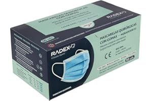 RADEX 85005030. Caja de 50 Mascarillas Quirúrgicas Tipo IIR con Gomas, Azul, Fabricado en España, Tres Capas, Material Hipo Alergénicos, Resistente a Salpicaduras