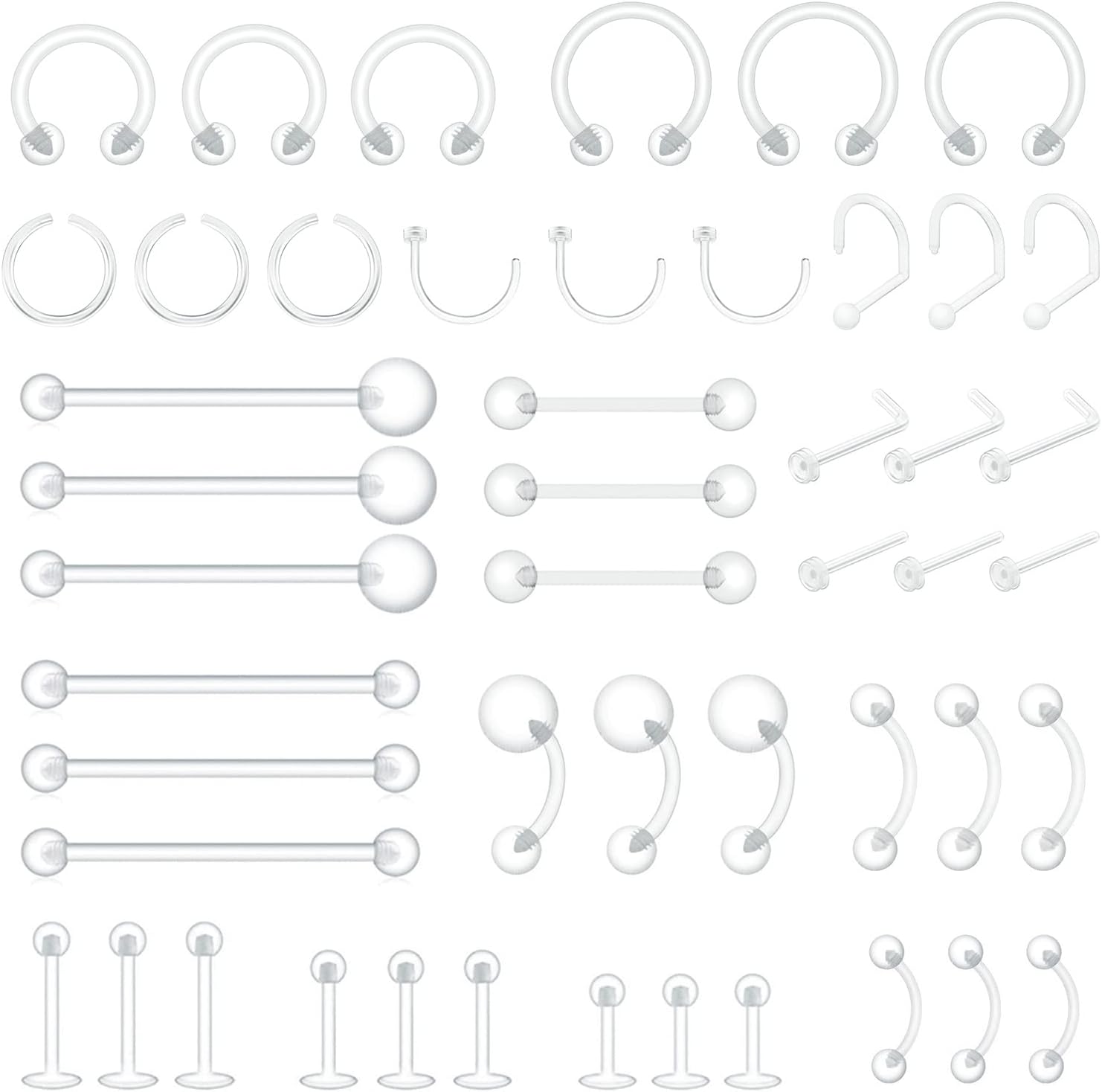 MixPiercing 48Pz Retenedores de Piercing Transparente Nariz Plástico Lengua Pezón Arete Labio Labret Aros De Ceja Cartílago Pulpa Trago Retenedor De Oreja Cirugía Para Quirofano Trabajo