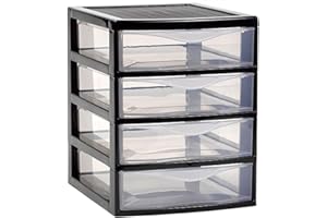 Acan Tradineur - Cajonera guadiana de sobremesa, incluye 4 cajones transparentes, torre de almacenaje, armario, baño, oficina, fabricada en España (Negro - 22,5 x 18 x 21,5 cm - Modelo aleatorio)
