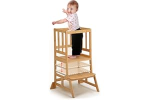 COSYLAND Tour d’Observation Montessori pour Enfant, Hauteur Réglable, en Bambou Naturel, Sûr et Stable, Chaise d’Apprentissage Bébé dès 18 Mois - Classic Natural