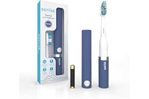 Sonisk Pulse | Battery Powered Electric Toothbrush | Portable Travel Size with Antimicrobial Sonic Technology | 1x Battery, 2X Brush Heads, 1x Travel Case Included (Steel Blue)