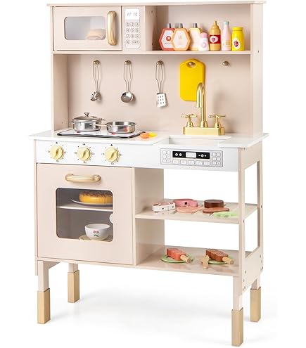 COSTWAY Kinderkeuken met accessoires, houten speelkeuken met magnetron, fornuis, spoelbak, oven, kinderkeuken met licht en geluid, speelgoedkeuken