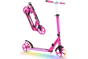 BELEEV Scooters for Kids Ages 6+ with Light-Up Stem & Deck, 2 Wheel Folding Scooter for Adults Teens, 4 Adjustable Height, Lightweight Sport Commuter Scooter, Max Load 220 lbs