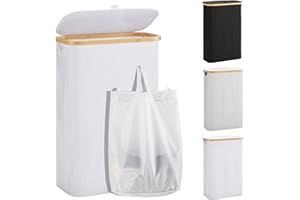 YOUDENOVA Kosz na pranie z pokrywką, 48 l, wąski, z workiem na pranie, składany, drewno bambusowe, skrzynia na pranie, kolor biały