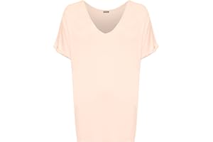 WearAll Women's New Plus Size Womens Short Turn Up Sleeve Baggy Plain Top Ladies V-Neck T-Shirt 8-22