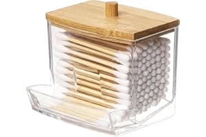 XINCHENG Wattestäbchen Behälter, Wattestäbchen Aufbewahrung, Transparente Acryl Wattestäbchen Spender, Ohrenstäbchen Aufbewahrung mit Bambus Deckeln für Wattestäbchen Behälter Box