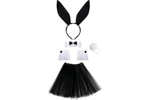SATINIOR Set di Accessori per Costumi di Coniglietti da Donna, Cerchietto a Orecchie di Coniglio, Polsini, Papillon al Colletto, Coda di Coniglio per Festa da Cosplay di Pasqua (Nero)