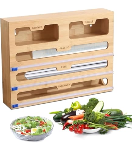 Rangement Tiroir Cuisine LudoHome Organisateur Cuisine 6-en-1 Bambou - Coupeur Film Alimentaire Aluminium - 4 Compartiments Sacs - 43x33cm Distributeur Sacs Congélation