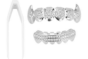 Zwinner Grills For Your Teeth, Electroplate Hip Hop False Teeth Set, Top and Bottom Vampire Fangs Grillz, Reusable Unfading Halloween Festival Teeth Decoration Brace for Women Men Kids(Silver)