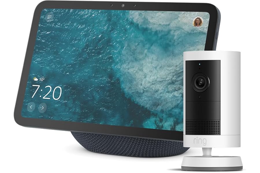 Amazon Echo Show 8 (neueste Gen.), Graphit + Ring Außenkamera Plus Akku, Weiß, Garten auf dem Echo S