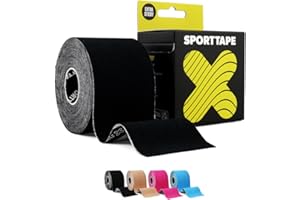 SPORTTAPE Original Kinesiology Tape 5cm x 5m, Black - Hypoallergenic, Waterproof K Physio Tape for Muscle Injury Relief, Recovery, Support, Shoulder, Back & Joints - Uncut Single Athletic Roll