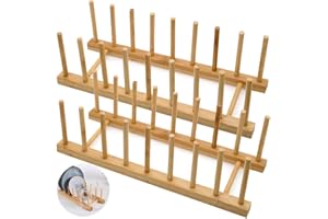LZYMSZ Juego de 2 escurreplatos de madera de bambú, soporte para platos, soporte para tapa de ollas, organizador de armario de cocina para cuencos, tazas, tabla de cortar y más