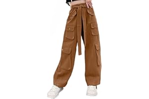Rolanko Pantaloni Cargo Larghi per Ragazze, Pantaloni Streetwear Elasticizzati a Vita Alta e Gamba Larga con Tasche Multiple