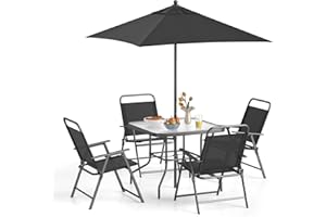 COSTWAY 5/6 Piece Folding Patio Bistro Set, Outdoor Dining Furniture with 4 Chairs, 1 Table and Umbrella Hole, Conversation Set for Garden Balcony Deck Poolside (Glass Table with Parasol)