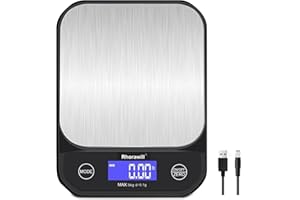 Rhorawill Balance de cuisine numérique - Chargement USB - 5 kg/0,1 g - Haute précision - Avec surface de pesée en acier inoxydable - Arrêt automatique - Affichage LED