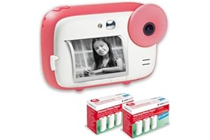AGFAPHOTO AGFA Photo Realikids Instant Cam + 6 rolek papieru termicznego, ATP3WH – aparat natychmiastowy dla dzieci, wyświetlacz LCD 2,4 cala, akumulator litowy, lusterko do selfie i filtr fotograficzny, różowy