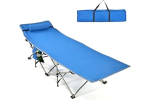 COSTWAY Folding Camping Bed, Heavy Duty Outdoor Sleeping Cot with Detachable Headrest, Side Pocket and Carry Bag, Portable Extra Wide Camp Lounger Bed for Travel Beach Office (Blue)