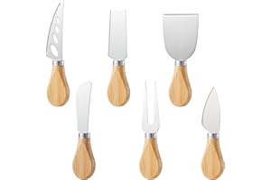 Daucin Cheese Knife Set, 6 Pcs Stainless Steel Cheese Slicer Cheese Fork Cheese Shovel with Oak Handle, Ergonomic Design Cheese Cutter for Family Gathering Party Halloween Christmas