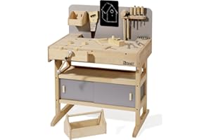 howa Banco da Lavoro per Bambini in Legno Massiccio - Grande Banco Lavoro Bambini con Cassetta degli Attrezzi e 32 Utensili - Banchetto da Lavoro Bambini con Altezza Regolabile 58-73cm 4900
