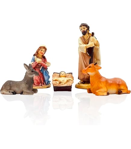 Presepe Classico Da Tavolo 5 Statuine - Sacra Famiglia Con Gesù, Maria, Giuseppe, Bue, Asinello E Pecorelle - Decorazione Natalizia 9,5 Cm - 5
