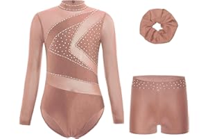 RUNQHUI Enfant Fille Justaucorps de Gymnastique Short Strass Brillant Ensemble Tenue Patinage Artistique Danse Spectacle
