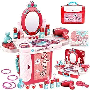 Galaxy Hi-Tech ABS Plastic Dressing Table & Suitcase Pretend Play 3 in 1 Beauty Make Up Kit Set - Includes Makeup Accessories (Red)