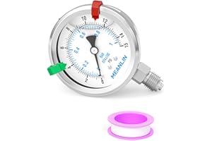 MEANLIN MEASURE 0~1Bar/0~15Psi Manomètre à liquide en acier inoxydable avec joint en acier inoxydable 316 1/4" BSP, 2.5"FACE DIAL pour compresseur d'air,centre de filtration d'eau,montage inférieur