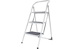 Amig - Folding Steel Stool - 3 Non-Slip Treads - Max Load 150 kg - Professional & Domestic Use - Space-Saving Design - Ideal for Small Heights, White, 103 cm, Alloy Steel