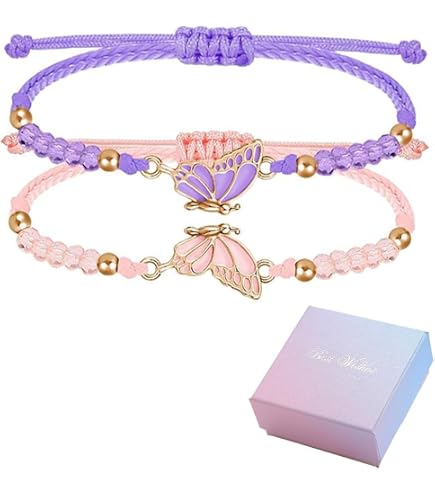 2 Bracciali BFF Con Farfalla Per Migliori Amiche – Regolabili, In Lega Di Zinco E Corda Cerata, Colori Blu E Rosa, Regalo Per Adolescenti - 2