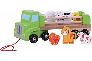 jumini Children's Wooden Farm Toy Trailer - Pull Along Farm Lorry Vehicle with Farm Animal Figures. Green Trailer & animals: sheep, cow, hen, horse & dog for 18m+ 1 2 3+ girls boys