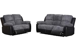 SOFA LAND Recliner Black/Grey Jumbo Cord Fabric Sofa - Luxury 3+2 Seater High Back Settee For Living Room Furniture & Cheap Couches - (3+2 Seater Sofa)