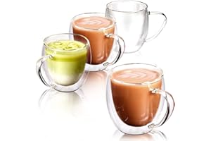 EZOWARE Tazza en Vetro Doppia Parete, Bicchieri Termici Isolati di Vetro Borosilicato con Manici per Bevande Calde o Fredde, Caffè, Lungo, Cappuccino, Cioccolata, Brandy - Set da 4, 250ml