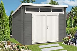 ‎CARLSSON Alpholz Gartenhaus Maria-Optima 28 aus Massiv-Holz | Gerätehaus mit 28 mm Wandstärke | Garten Holzhaus inklusive Montagematerial | Geräteschuppen Größe: 320 x 320 cm | Pultdach