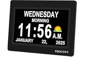 TROCOTN Zegar z demencją, zegar cyfrowy z datą i dniem dla osób starszych, alzheimera zegar dzienny duży wyświetlacz kalendarz zegar (7 Cale Czarny)