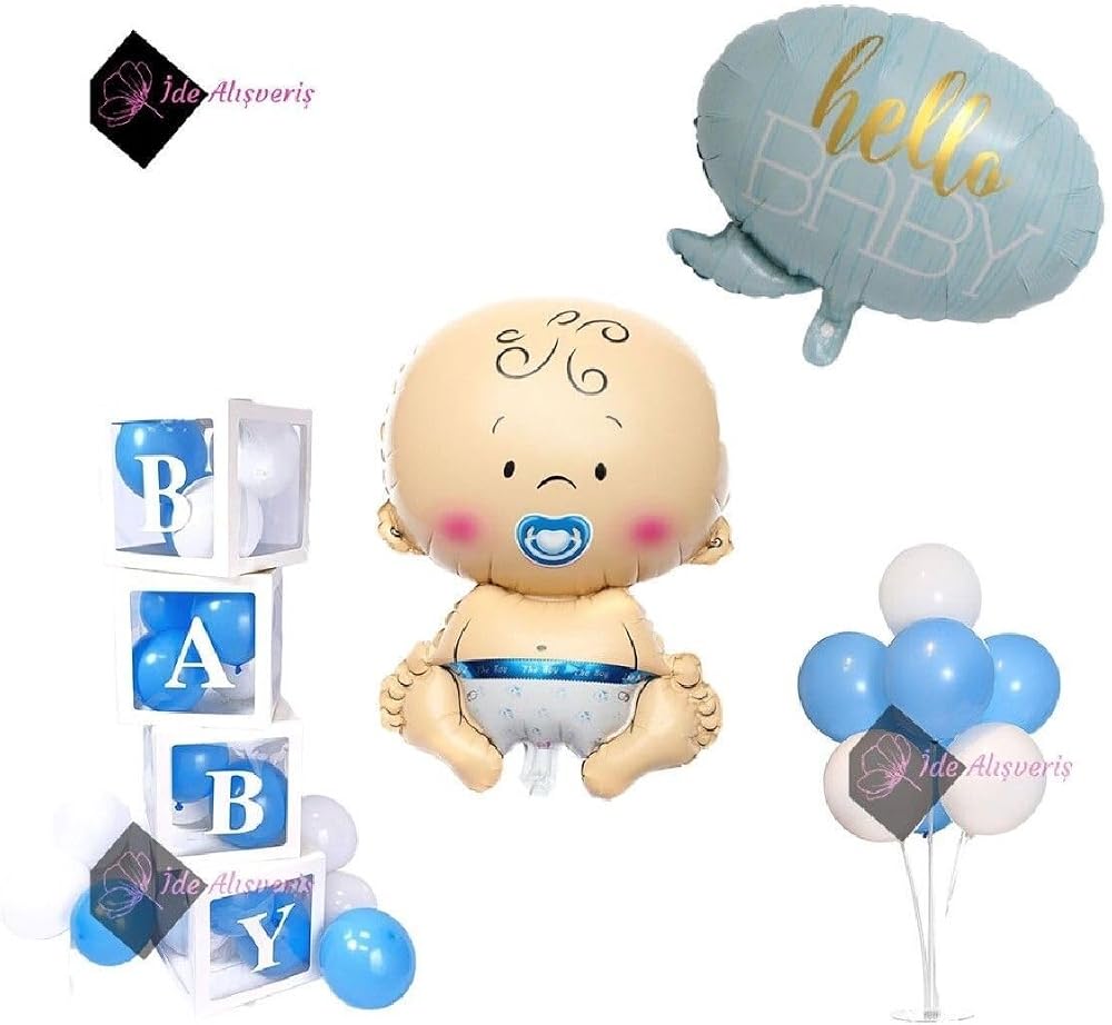 Lüks Hastane Oda Süsleme Seti (Erkek Bebek Folyo - Hello Baby Folyo - 4 Baby Kutu - 7 Li Stant)