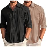 DEELMO Combo of Men's Casual Button Down Shirts Long Sleeve Linen Shirt Fashion Textured Summer Shirts Pack of 2