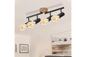 TaFiCo Lámpara de Techo con 4 Focos Orientables, Casquillo E27, de Madera y Acero, con 4 Lámparas Retro de Diseño Vintage para Cocina, Salón, Escalera, Café (sin Bombilla)