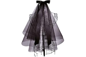 JUSTUSNX Velo corto negro de boda, velo gótico de novia de 2 niveles, velo de lazo para fiesta de Halloween, velo con peine y accesorios de cosplay para mujeres y niñas