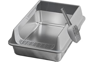 YAZTAUHO Bac À Litière en Acier Inoxydable, Litière Semi Fermée Chat, Ouvert Bac Litiere Anti-éclaboussure pour Chat avec Écop Et Jante Détachable, Facile À Nettoyer, 40x30x19 CM