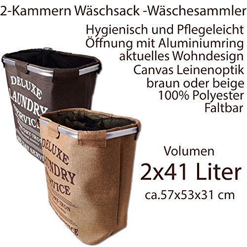 teprovo Wäschesammler 2 Fächer Wäschebox Schmutzwäschebehälter Wäschesortierer Laundry in Canvas Leinenoptik mit 2x 41 Liter beige - 4