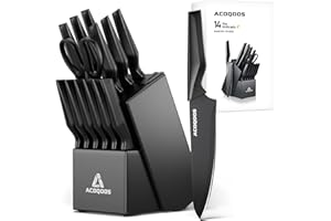 Knife Set with Block, 14 Piece with Built-in Sharpener, Kitchen Knives for Chopping, Slicing, Dicing Cutting by ACOQOOS