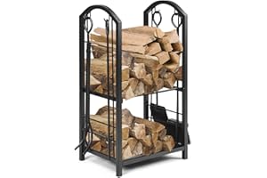 TANGZON Fireplace Log Rack with 4 Fireplace Tools, 43x30x74cm Wrought Iron 2-Tier Firewood Holder, Indoor Outdoor Heavy Duty Fire Log Holder Wood Stacking Storage Stand for Firepit Patio (Black)