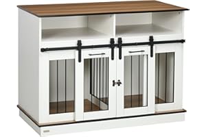 PawHut Dog Crate Furniture for Small and Large Dogs w/Movable Divider, Dog Cage End Table with Shelves, Sliding Doors, 120 x 60 x 88.5cm, White