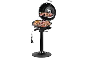 CUSIMAX Elektrogrill Standgrill 1600W Grill Elektrisch mit Standfuß, Abnehmbarem Deckel, Regulierbaren Thermometer und Fettauffangschale, Ø 37cm, für Innen- & Außennutzung, Balkon, Garten & Küche