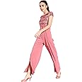 Miss Chase Women's Round Neck Short Sleeve Embellished Front Slit Fringed Regular Jumpsuit with Pockets